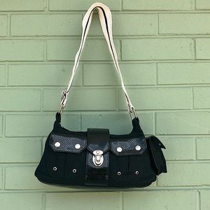 Black canvas shoulder bag with black and white stripe wide strap
